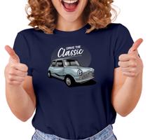 Manboxeo Dámské tričko s potiskem “Ride the Classic, modrý Austin mini"